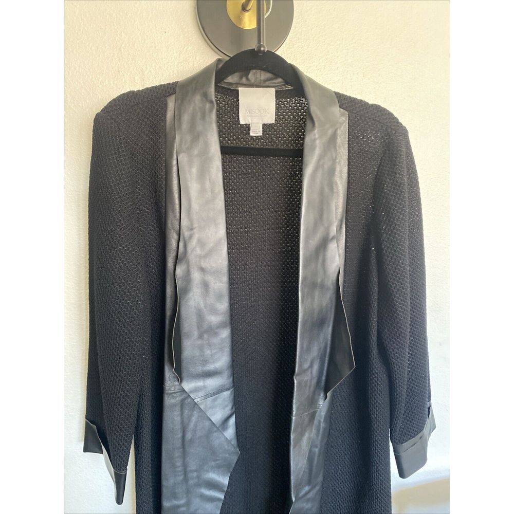 Gorgeous Misook Collection Black Duster Coat Fishnet Knit Leather Trim Sz L - Picture 2 of 7